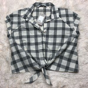 Zara gray and white plaid tie front blouse